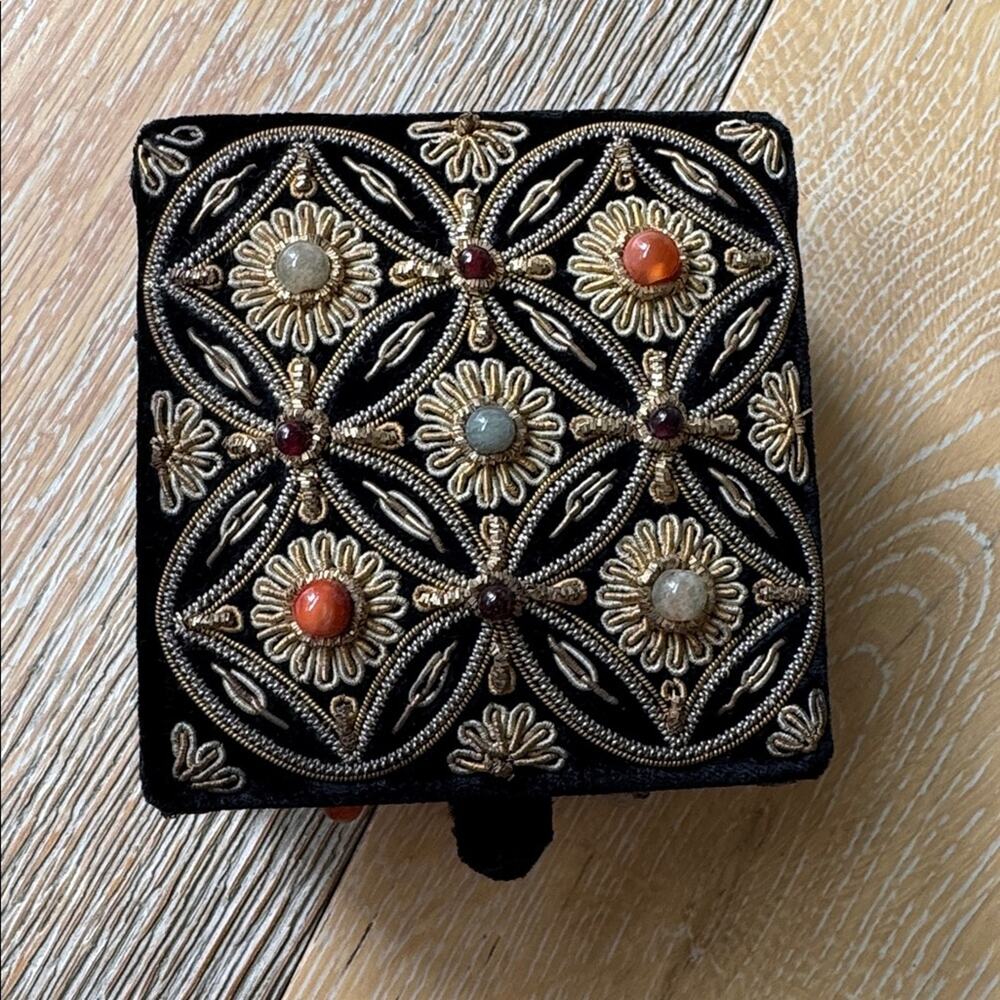 Vintage 1970s Embroidered Jewelry Box Handmade India Velvet Beaded Trinket Case